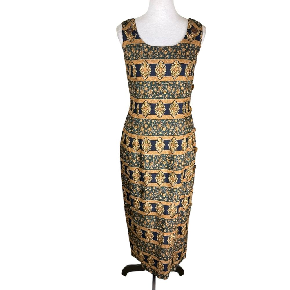 Santa Fe By Jim Tremblay Vintage Brown Gold Medallions Sleeveless Midi Dress